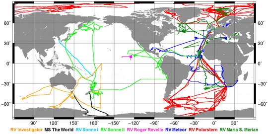 OceanRAIN data distribution for 8 ships from June 2010 to April 2017
